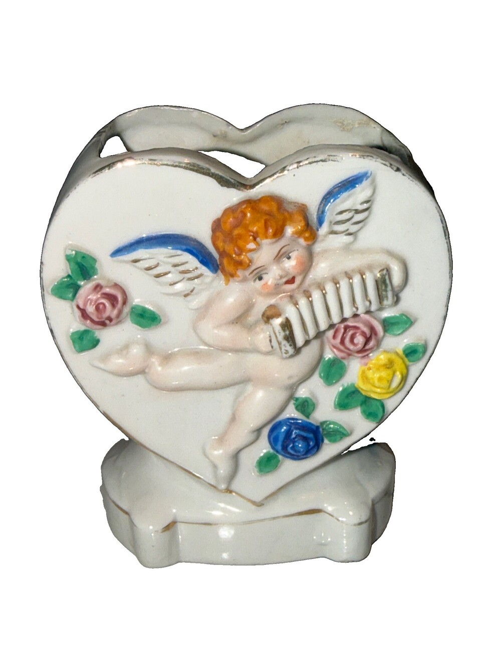 Cupid Heart Planter Ceramic Vintage Mini Occupied Japan 4" Vase Accordion Cherub